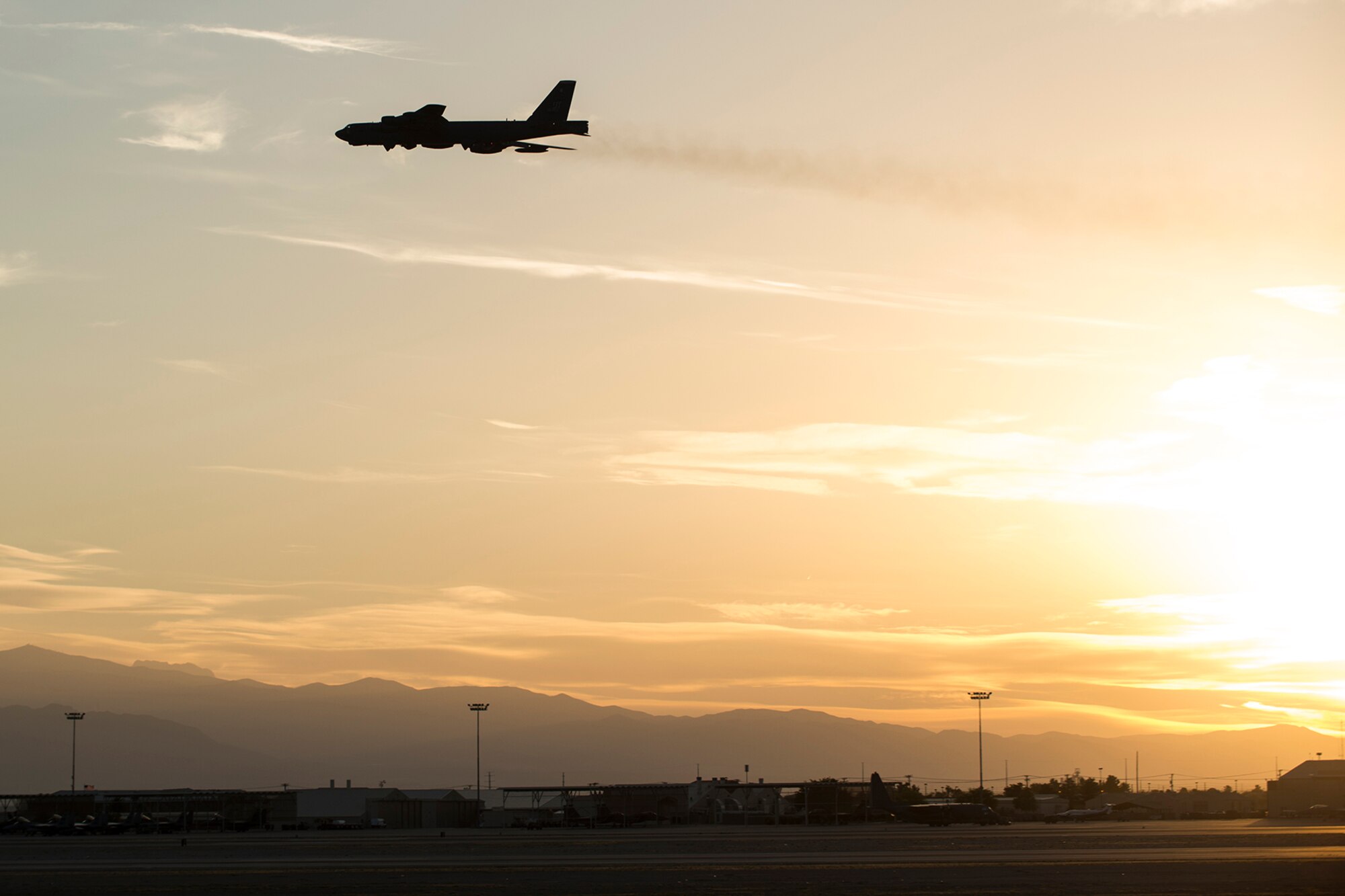 An Air Force Reserve Command B-52H Stratofortress takes on for an evening mission on June 8, 2016, Nellis Air Force Base, Nev. The aircraft is assigned to the 307th Bomb Wing at Barksdale Air Force Base, La., and is at Nellis in support of the 340th Weapons Squadron. (U.S. Air Force photo by Master Sgt. Greg Steele/Released)