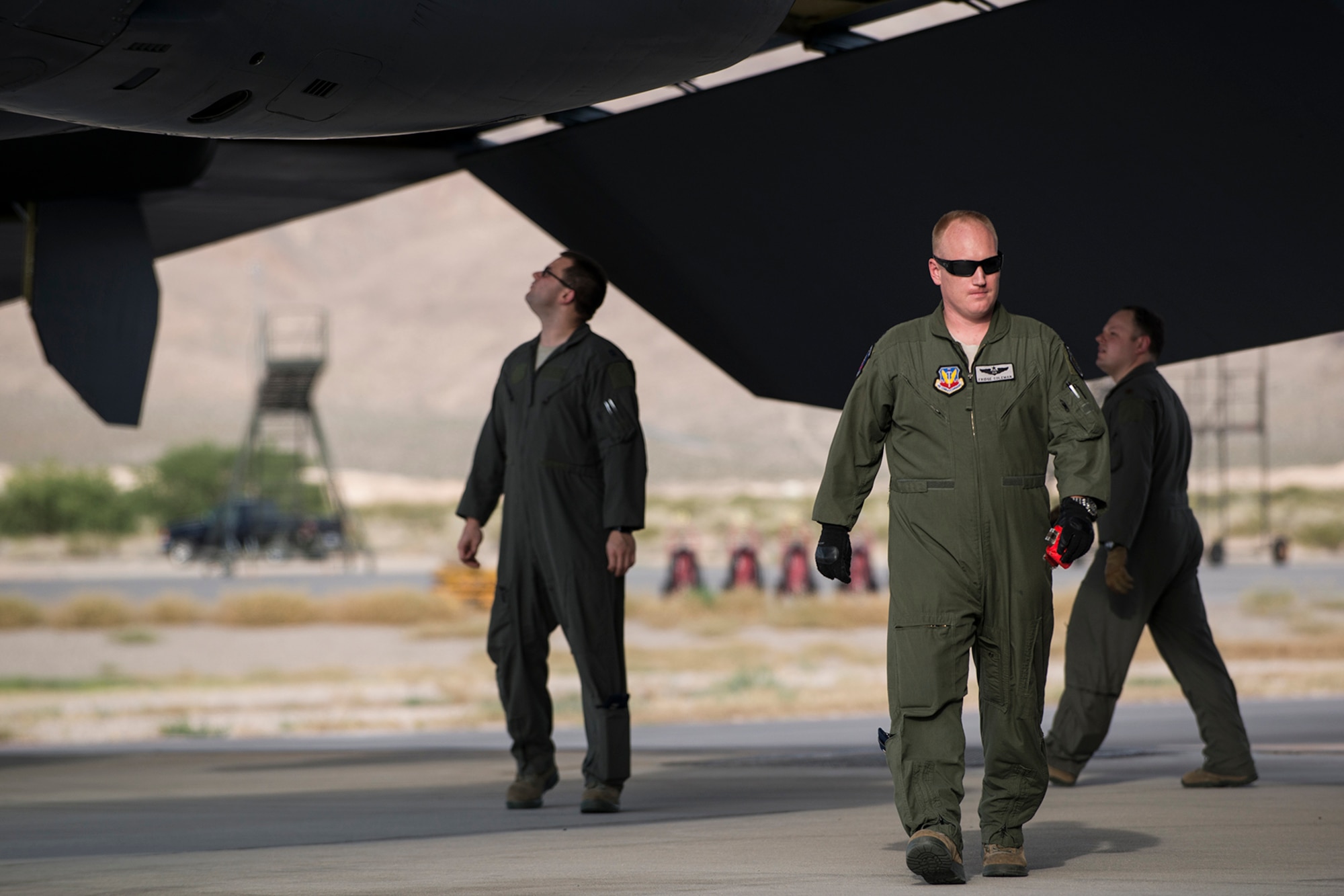 Aircrew members perform a preflight inspection on a B-52H Stratofortress prior to a mission on June 8, 2016, Nellis Air Force Base, Nev. Maintenance personnel and three B-52s assigned to the Air Force Reserve Command’s 307th Bomb Wing and Active Duty 2nd Bomb Wing are at Nellis supporting the 340th Weapons Squadron. (U.S. Air Force photo by Master Sgt. Greg Steele/Released)