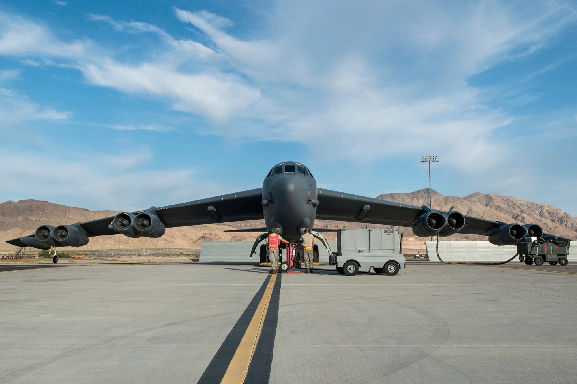 An Air Force Reserve B-52H Stratofortress sits ready to taxi for a mission in support of the 340th Weapons Squadron (WPS) on June 8, 2016, Nellis Air Force Base, Nev. The mission of the 340th WPS is an extension of the mission of the U.S. Air Force Weapons School, which is to provide graduate level instructor courses that provide the world’s most advanced training in weapons and tactics employment to Air Force officers. (U.S. Air Force photo by Master Sgt. Greg Steele/Released)