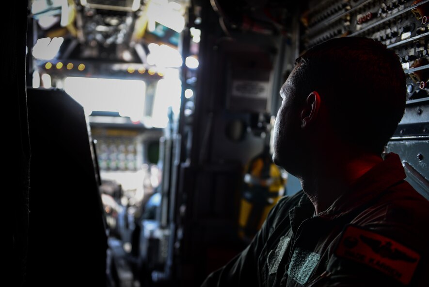 Lt. Col. Wade Karren, 11th Bomb Squadron Commander, waits until preflight inspections are complete before a B-52 and B-1 integration flight at Barksdale Air Force, La., June 15, 2016. The B-52 Stratofortress aircrew adopted a B-1 Lancer navigator for the flight, giving him an opportunity to examine and appreciate what the B-52 brings to the fight. (U.S. Air Force photo/Senior Airman Luke Hill)