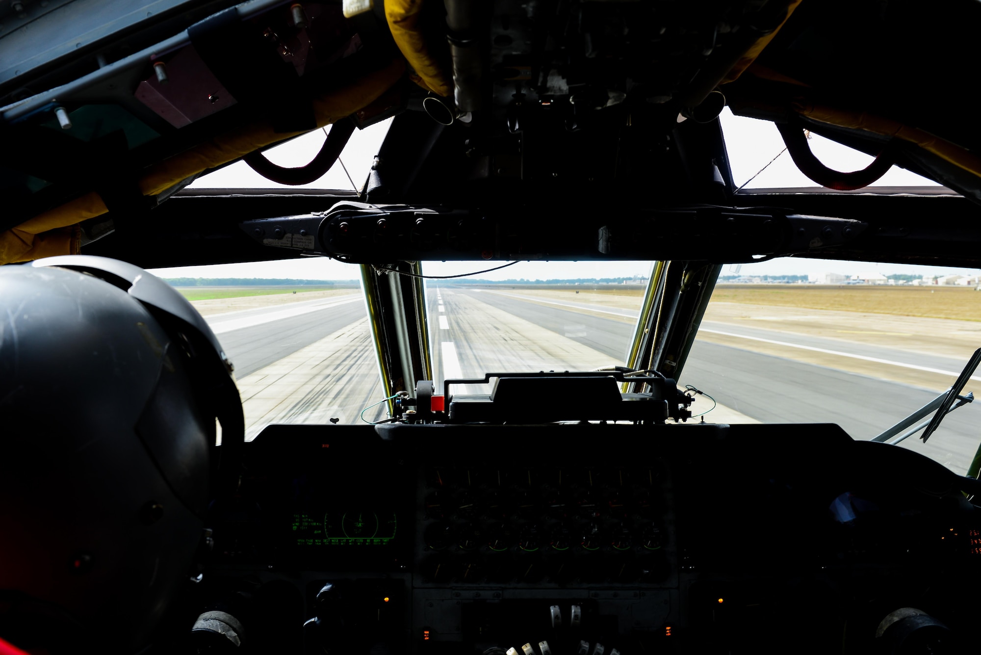 Capt. James Bresnahan, 11th Bomb Squadron pilot, takes off in a B-52 Stratofortress during an integration flight with a B-1 Lancer at Barksdale Air Force Base, La., June 15, 2016. The B-52 and B-1 teamed up for a training mission that consisted of several simulated bomb runs. (U.S. Air Force photo/Senior Airman Luke Hill)