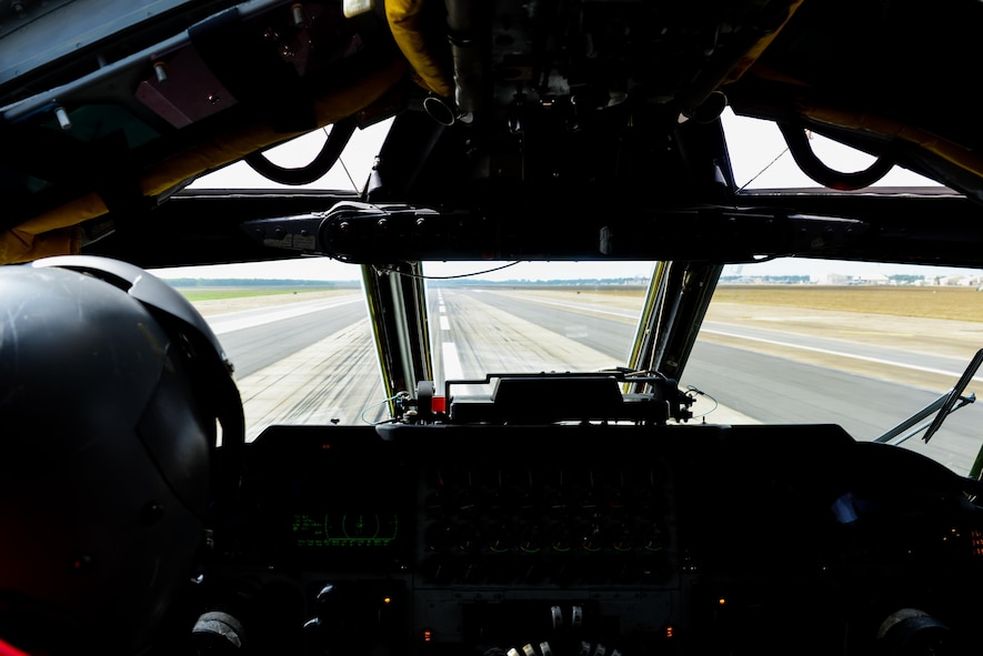 Capt. James Bresnahan, 11th Bomb Squadron pilot, takes off in a B-52 Stratofortress during an integration flight with a B-1 Lancer at Barksdale Air Force Base, La., June 15, 2016. The B-52 and B-1 teamed up for a training mission that consisted of several simulated bomb runs. (U.S. Air Force photo/Senior Airman Luke Hill)