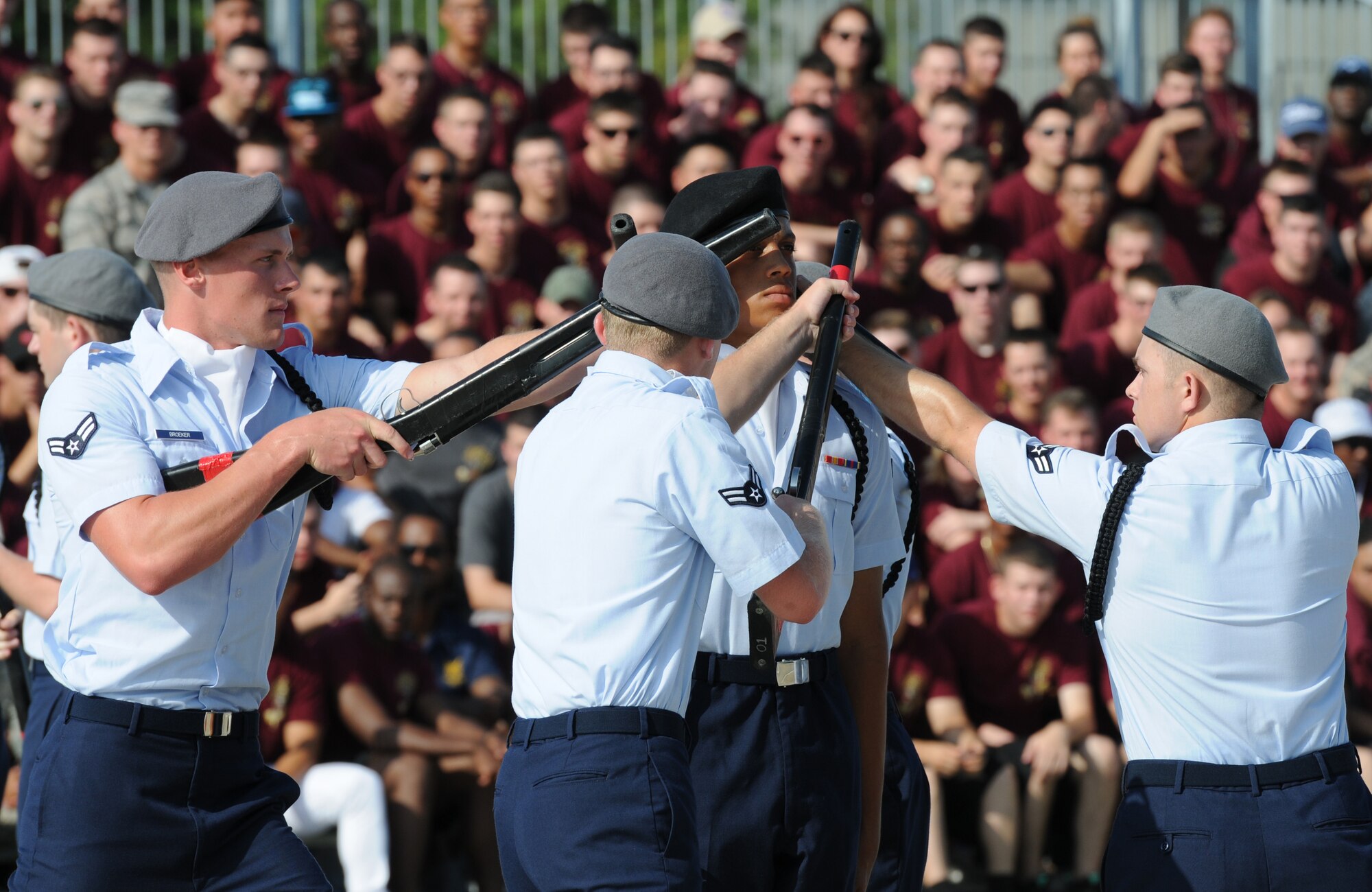 Members of the 335th Training Squadron freestyle drill team perform during the 81st Training Group drill down at the Levitow Training Support Facility drill pad June 17, 2016, Keesler Air Force Base, Miss. The 335th TRS “Bulls” placed first in freestyle and overall. (U.S. Air Force photo by Kemberly Groue)