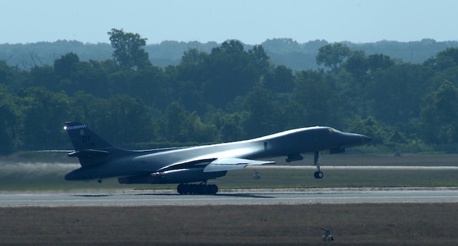 A B-1 Lancer takes flight from Barksdale Air Force Base, La., June 15, 2016. The B-1 Lancer can carry the largest payload of guided and unguided weapons, 75,000 pounds, in the Air Force inventory and reaches supersonic speeds of 900-plus mph. (U.S. Air Force photo/Senior Airman Curt Beach)