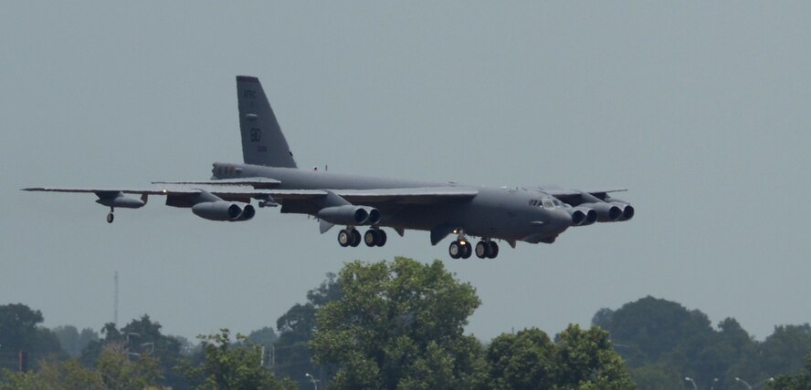 A B-52 Stratofortress prepares to land at Barksdale Air Force Base, La., June 15, 2016. A B-1 Lancer aviator was serving as a crewmember aboard the jet and acting as mission commander of the inaugural integration flight with a B-1. (U.S. Air Force photo/Senior Airman Curt Beach)