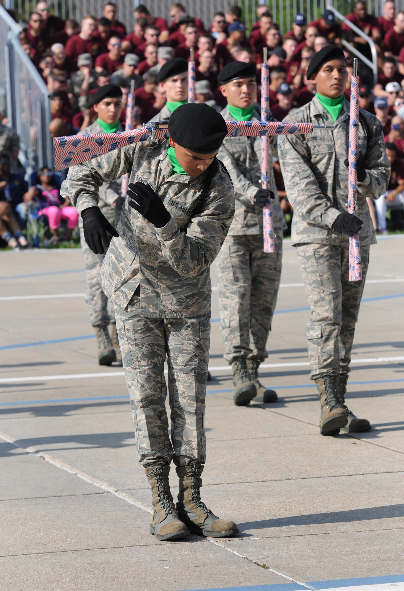 Airman 1st Class Emanuel Leon Santiago, 334th Training Squadron freestyle drill team member, performs during the 81st Training Group drill down at the Levitow Training Support Facility drill pad June 17, 2016, Keesler Air Force Base, Miss. The 334th TRS “Gators” placed third in freestyle. (U.S. Air Force photo by Kemberly Groue)