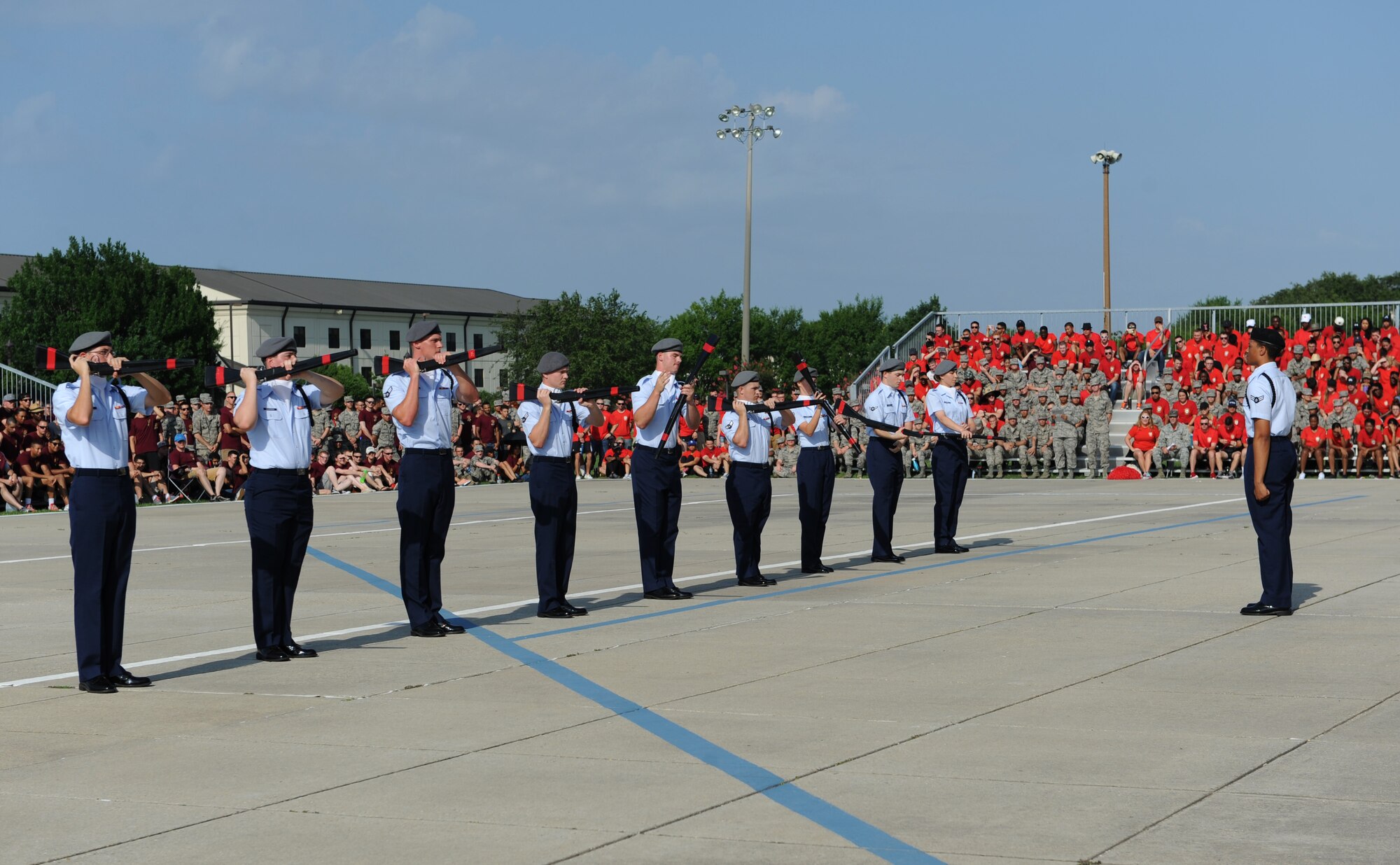 Members of the 335th Training Squadron freestyle drill team perform during the 81st Training Group drill down at the Levitow Training Support Facility drill pad June 17, 2016, Keesler Air Force Base, Miss. The 335th TRS “Bulls” placed first in the freestyle and overall competitions. (U.S. Air Force photo by Kemberly Groue)