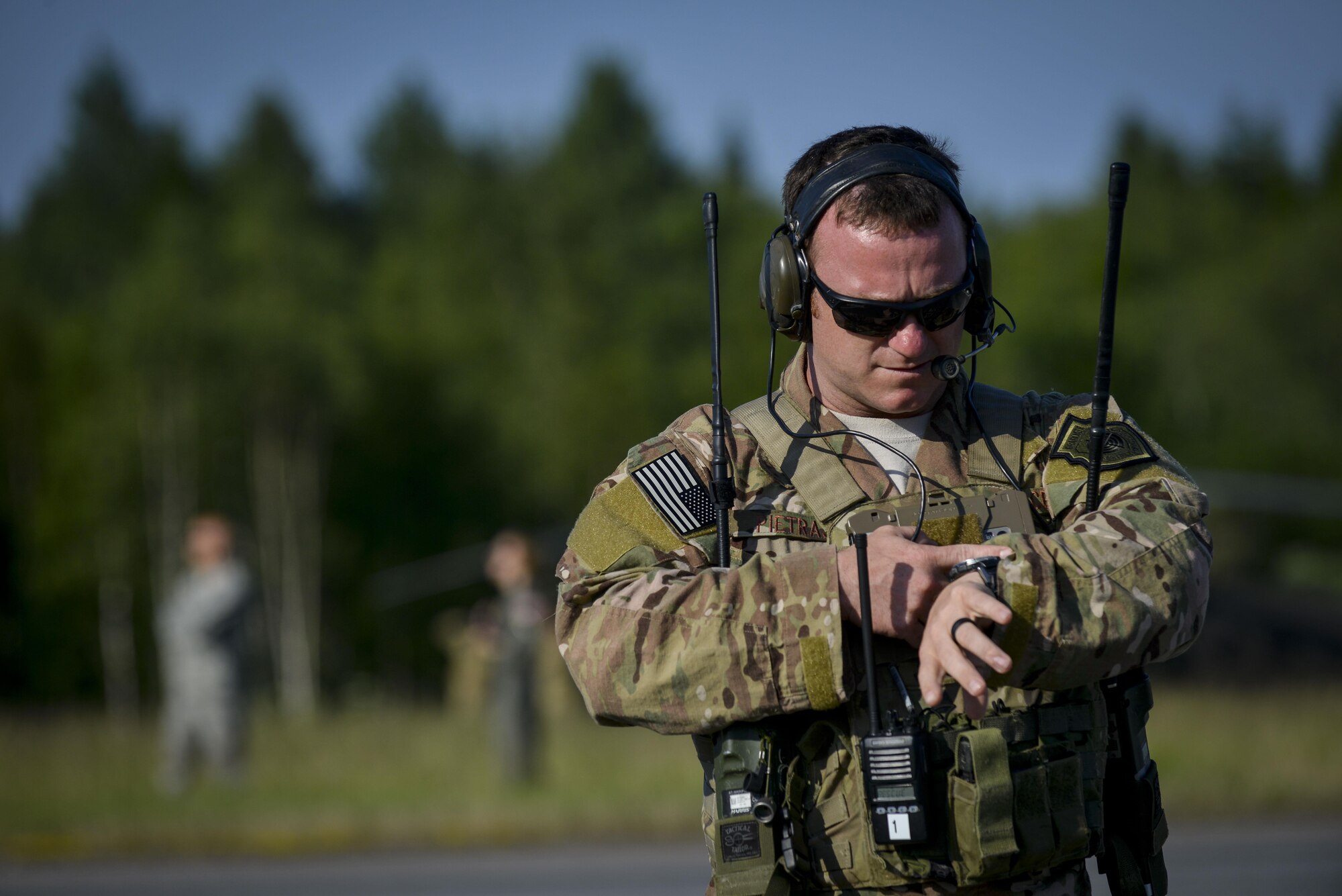 U.S. Air Force Master Sgt. Jared Pietras, 23rd Special Tactics Squadron weapons and tactics chief, calls an aircraft to land on a highway June 20, 2016, in Tallinn, Estonia. U.S. forces are in Europe participating in Saber Strike 16; a long-standing, U.S. Joint Chiefs of Staff-directed, U.S. Army Europe-led cooperative-training exercise, which has been conducted annually since 2010.  This year’s exercise will focus on promoting interoperability with allies and regional partners.The United States has enduring interests in supporting peace and prosperity in Europe and bolstering the strength and vitality of NATO, which is critical to global security. (U.S. Air Force photo/Senior Airman Nicole Keim)