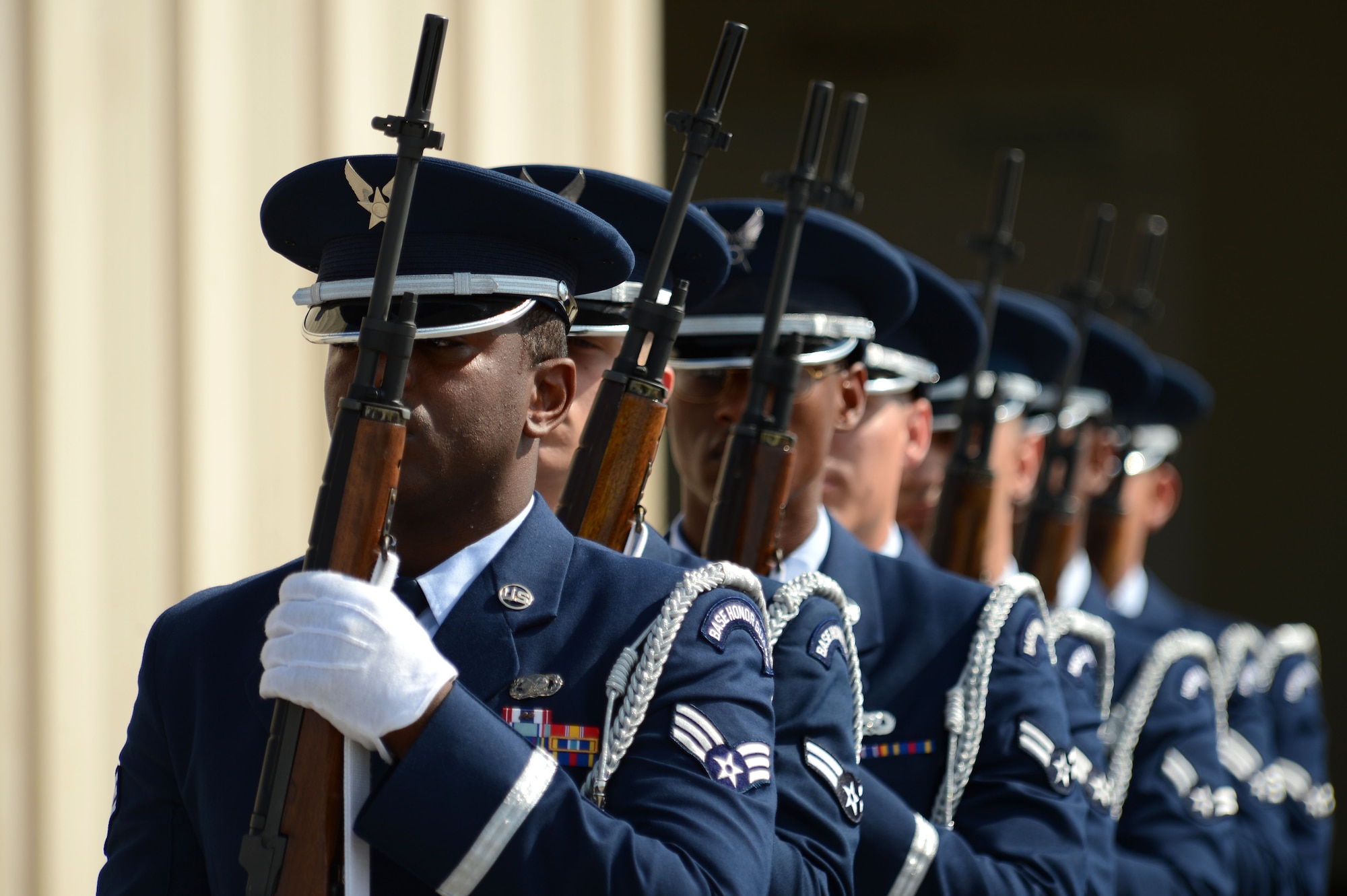 U.S. Airmen assigned to the 20th Force Support Squadron Honor Guard fall in line before performing a firing party ceremonial procedure at Shaw Air Force Base, S.C., June 17, 2016. Honor guardsmen perform numerous details on base to include retirements, changes of command, and promotion ceremony details. (U.S. Air Force photo by Airman 1st Class Christopher Maldonado)