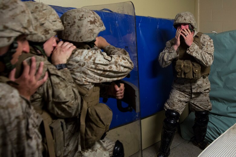 Marines with 4th Law Enforcement Battalion, Force Headquarters Group, Marine Forces Reserve, rush into the cell of a non-compliant inmate in an attempt to restrain him during detainee operations training at the Muscatatuck Urban Training Center in Butlerville, Ind., June 14, 2016. The Marines conducted drills on different scenarios and learned how to run and sustain a prison safely and effectively. (U.S. Marine Corps photo by Lance Cpl. Melissa Martens/ Released)