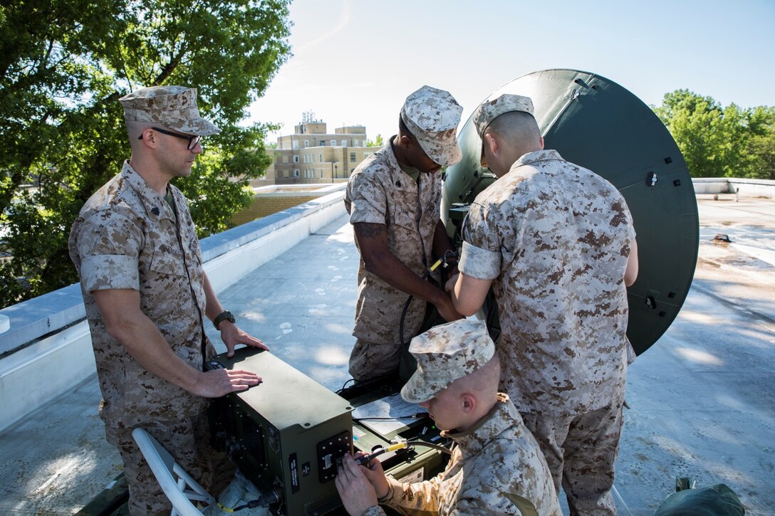 Marines with 6th Communications Battalion, Force Headquarters Group, Marine Forces Reserve, set up communications equipment on the roof at the Muscatatuck Urban Training Center in Butlerville, Ind., June 8, 2016. The equipment was essential to training as it provided services to both the wire and data sections of the communications team. (U.S. Marine Corps photo by Lance Cpl. Melissa Martens/ Released)