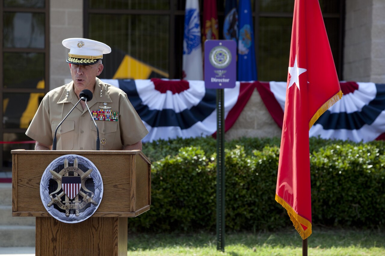 Marine Corps Lt. Gen. Thomas D. Waldhauser, the Joint Staff’s director for joint force development, speaks during a ceremony to dedicate the Joint Interoperability Training Center at Fort Bragg, N.C., July 30, 2015. Waldhauser testified before a Senate Armed Services Committee confirmation hearing on his nomination to command U.S. Africa Command, June 21, 2016. Marine Corps photo by Cpl. Tyler Burr