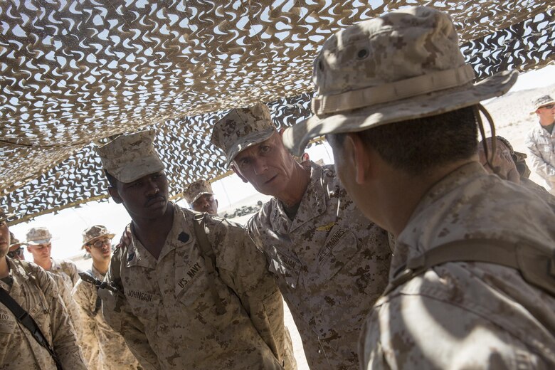 Lt. Gen. Rex C. McMillian, commander of Marine Forces Reserve, speaks to the Reserve Marines and Sailors attending Integrated Training Exercise 4-16 aboard Marine Corps Air Ground Combat Center Twentynine Palms, Calif., June 19, 2016. Over the two-week period the Marines trained in combined-arms exercises to hone their skills as a Marine Air Ground Task Force, in order to prepare for worldwide deployment and augment the active component.