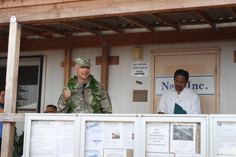 The U.S. Army Corps of Engineers, Honolulu District partnered with contractor Nan-Samsung LLC, the U.S. Army Garrison Hawaii, and the 25th Infantry Division’s Combat Aviation Brigade (CAB) to celebrate the mid-point in constructing the two six-story barracks buildings, which are located south of the Wheeler airstrip and part of the overall CAB Complex. 25th CAB Command Sgt. Maj. Brian Hauke points out how these barracks will improve the lives of Soldiers in his unit and thanked all the partners for getting to this point.