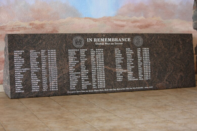 The War on Terrorism Memorial located outside of the Airmen and Marine Memorial Chapel aboard Marine Corps Air Station Miramar, Calif., hold the names of 3rd.MAW service members who lost their lives during the Global War on Terrorism. Artist Richard DeRosset, a La Jolla, Calif., Native and a Navy veteran, painted the mural for the chapel to frame the War on Terrorism Memorial. (U.S. Marine Corps photo by Pfc. Liah Kitchen/Released)