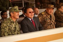 U.S. Navy Adm. Harry B. Harris, commander, U.S. Pacific Command, and Mongolian President Tsakhiagiin Elbegdorj, speak before the Khaan Quest 2016 opening ceremony at the Five Hills Training Area, Mongolia, May 22, 2016. Khaan Quest is an annual, multinational peacekeeping operations exercise conducted in Mongolia and is the capstone exercise for this year's United Nations Global Peace Operations Initiative program. (U.S. Marine Corps photo by Cpl. Hilda M. Becerra / Released)