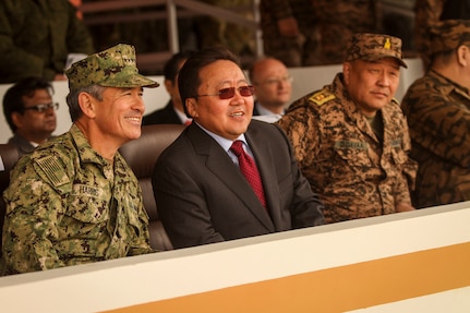 U.S. Navy Adm. Harry B. Harris, commander, U.S. Pacific Command, and Mongolian President Tsakhiagiin Elbegdorj, speak before the Khaan Quest 2016 opening ceremony at the Five Hills Training Area, Mongolia, May 22, 2016. Khaan Quest is an annual, multinational peacekeeping operations exercise conducted in Mongolia and is the capstone exercise for this year's United Nations Global Peace Operations Initiative program. (U.S. Marine Corps photo by Cpl. Hilda M. Becerra / Released)