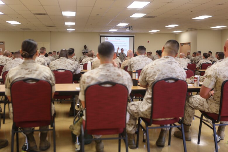 Maj. Misty Posey, plans officer for the Manpower Integration Branch, gives a presentation to Marine Corps leaders about the U.S. Marine Corps Integration Education Plan aboard Marine Corps Air Station Miramar, Calif., June 9. Posey traveled to various Marine Corps bases to give classes, answer questions and clear misconceptions about females integrating into combat roles. (U.S. Marine Corps photo by Lance Cpl. Harley Robinson/Released)