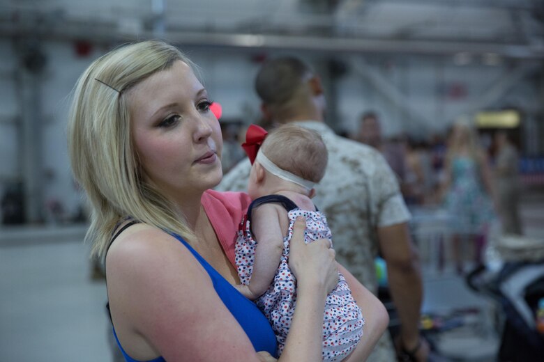 Family members wait for the return of a Marine with Marine Attack Squadron (VMA) 214 “Black Sheep” aboard Marine Corps Air Station Yuma, Ariz., June 7. Approximately 100 Marines and Sailors returned from a seven-month deployment with the 31st Marine Expeditionary Unit and supported missions in the Pacific theater. (U.S. Marine Corps photo by Sgt. Lillian Stephens/Released)