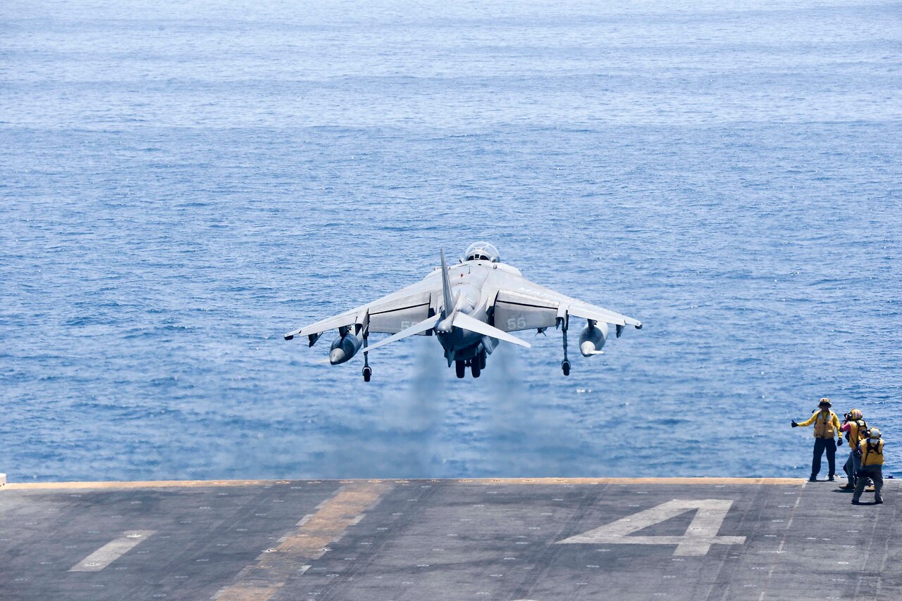 An AV-8B Harrier II assigned to the 13th Marine Expeditionary Unit launches from the amphibious assault ship USS Boxer to conduct missions in support of Operation Inherent Resolve, June 16, 2016. Navy photo by Petty Officer 3rd Class Brett Anderson