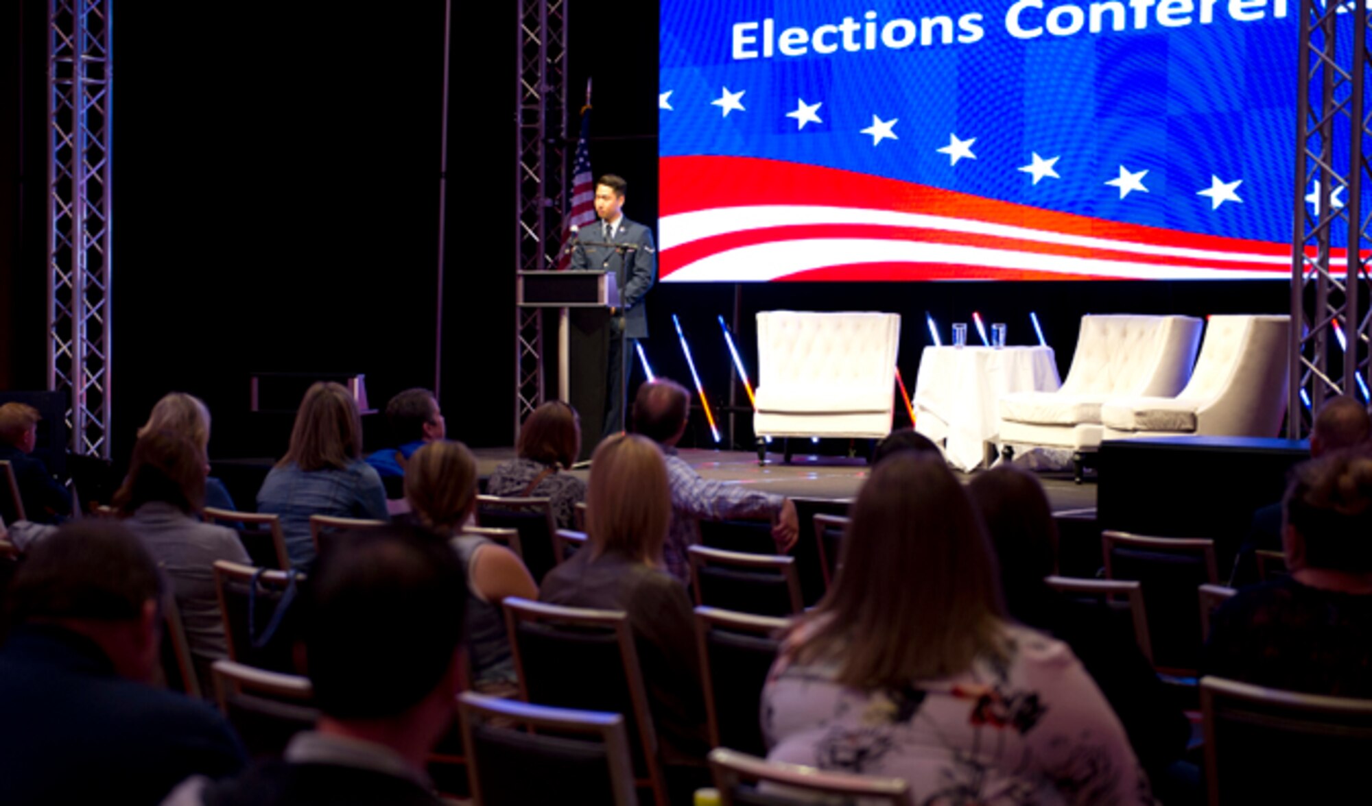 Airman Min Park, 92nd Comptroller Squadron financial services technician, speaks at the 2016 Washington State Elections Conference during its ‘Faces of Voters’ event section in downtown Spokane, Washington, June 17, 2016. The conference covered numerous voting topics, such as voting polls, voting rights, voter booth accessibility and the faces of voters. (U.S. Air Force photo/Airman 1st Class Nick J. Daniello)