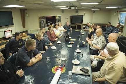 160617-N-IK388-008 SAN DIEGO (June 17, 2016) - Marine Corps veterans and members of 1st Reconnaissance Battalion, 1st Marine Division, shared their stories about the Vietnam War Battle of Hill 488 with guided-missile destroyer USS Howard (DDG 83) Sailors and the daughters of 1st Sgt. Jimmie E. Howard, the ship's namesake, during a tour. Howard hosted the tour to recognize the 50th anniversary of the June 15, 1966 battle. (U.S. Navy photo by Mass Communication Specialist 2nd Class Stacy M. Atkins Ricks/Released)