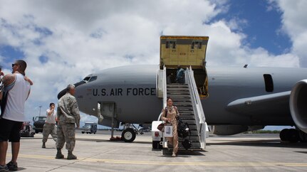 More than 50 members of the Hawaii Air National Guard (HIANG) and three KC-135 Strotankers, based at Joint Base Pearl Harbor-Hickam (JBPH-H) have returned home following a four-month deployment in support of Operation Inherent Resolve.  The three KC-135 Stratotankers belonging to the 203rd Air Refueling Squadron, along with flight and maintenance crews and other support personnel were part of the 18-Nation air Coalition in the fight against Daesh or ISIS.  Two tankers and most of the Airmen arrived today at JBPH-H following  the long flight from Al Udeid Air Base in Qatar. June 20, 2016, Joint Base Pearl Harbor-Hickam, Hawaii (US Air National Guard Photo By Tech. Sgt. Andrew Jackson - Released)