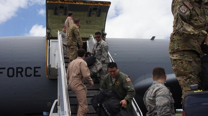 More than 50 members of the Hawaii Air National Guard (HIANG) and three KC-135 Strotankers, based at Joint Base Pearl Harbor-Hickam (JBPH-H) have returned home following a four-month deployment in support of Operation Inherent Resolve.  The three KC-135 Stratotankers belonging to the 203rd Air Refueling Squadron, along with flight and maintenance crews and other support personnel were part of the 18-Nation air Coalition in the fight against Daesh or ISIS.  Two tankers and most of the Airmen arrived today at JBPH-H following  the long flight from Al Udeid Air Base in Qatar. June 20, 2016, Joint Base Pearl Harbor-Hickam, Hawaii (US Air National Guard Photo By Tech. Sgt. Andrew Jackson - Released)