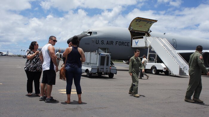 More than 50 members of the  Hawaii Air National Guard (HIANG) and three KC-135 Strotankers, based at Joint Base Pearl Harbor-Hickam (JBPH-H) have returned home following a four-month deployment in support of Operation Inherent Resolve.  The three KC-135 Stratotankers belonging to the 203rd Air Refueling Squadron, along with flight and maintenance crews and other support personnel were part of the 18-Nation air Coalition in the fight against Daesh or ISIS.  Two tankers and most of the Airmen arrived today at JBPH-H following  the long flight from Al Udeid Air Base in Qatar. June 20, 2016, Joint Base Pearl Harbor-Hickam, Hawaii (US Air National Guard Photo By Tech. Sgt. Andrew Jackson - Released)