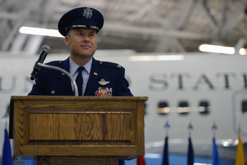 Col. Casey D. Eaton, 89th Airlift Wing commander, addresses the 89th AW for the first time at the change-of-command ceremony at Joint Base Andrews, Md., June 17, 2016. Col. John C. Millard relinquished command to Eaton, who will oversee the 89th AW, a combat-ready wing of more than 1,100 Airmen and provides Special Airlift Mission airlift and support to the president, vice president, cabinet members, combatant commanders and other senior military and elected leaders, supporting White House, Air Force chief of staff and Air Mobility Command missions. (U.S. Air Force photo by Senior Master Sgt. Kevin Wallace)