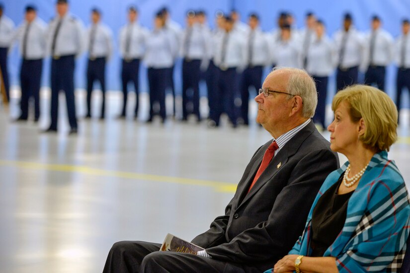 Former Secretary of the Air Force Michael Wynne, the 21st SECAF, and his wife, Barbara, attend the 89th Airlift Wing change-of-command ceremony at Joint Base Andrews, Md., June 17, 2016. Col. John C. Millard relinquished command to Col. Casey D. Eaton, who will oversee the 89th AW, a combat-ready wing of more than 1,100 Airmen and provides Special Airlift Mission airlift and support to the president, vice president, cabinet members, combatant commanders and other senior military and elected leaders, supporting White House, Air Force chief of staff and Air Mobility Command missions. (U.S. Air Force photo by Senior Master Sgt. Kevin Wallace)
