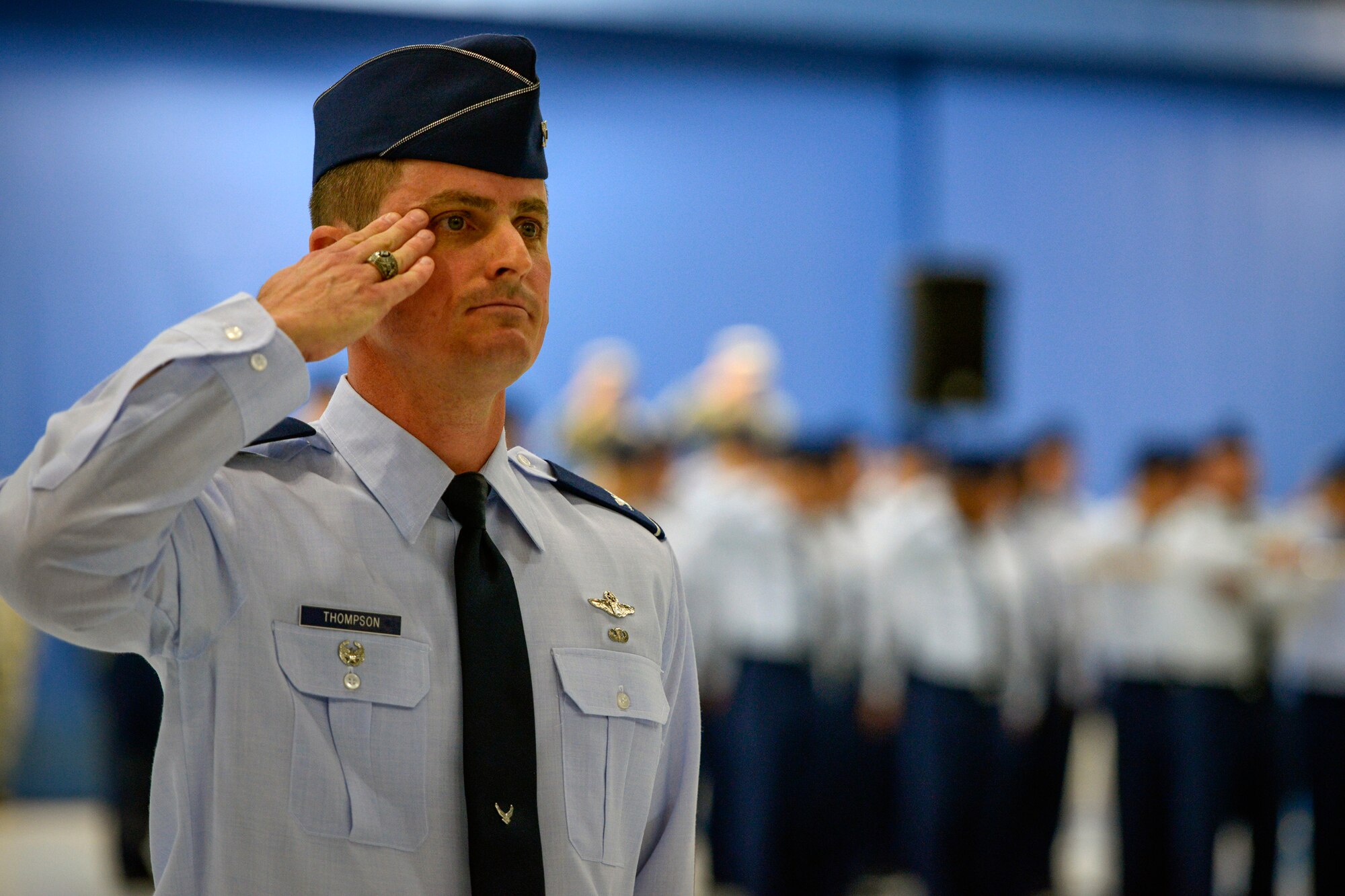 Col. Christopher Thompson, 89th Airlift Wing vice commander, leads the 89th AW in a salute to the new commander, at the 89th AW change-of-command ceremony at Joint Base Andrews, Md., June 17, 2016. Col. John C. Millard relinquished command to Col. Casey D. Eaton, who will oversee the 89th AW, a combat-ready wing of more than 1,100 Airmen and provides Special Airlift Mission airlift and support to the president, vice president, cabinet members, combatant commanders and other senior military and elected leaders, supporting White House, Air Force chief of staff and Air Mobility Command missions. (U.S. Air Force photo by Senior Master Sgt. Kevin Wallace)
