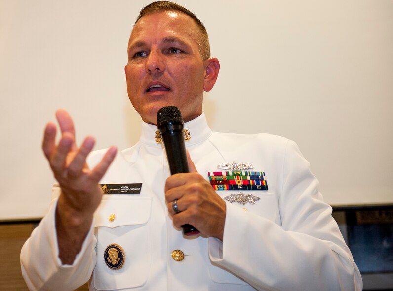 Master Chief Petty Officer, Dwayne D. Beebe-Franqui, command climate specialist and equal opportunity advisor from the Center for Naval Aviation Technical Training in Pensacola, Fla. speaks to attendees of the Lesbian, Gay, Bisexual and Transgender Pride Month luncheon June 16 in Fort Walton Beach, Fla. Beebe-Franqui spoke to the audience about his experience and how being different impacted his life and subsequently, his military career. The Department of Defense added its first Lesbian, Gay, Bisexual and Transgender Pride Month as an annual observance to be recognized by military and civilian members of the armed forces in June 2013. (U.S. Air Force photo/Ilka Cole)