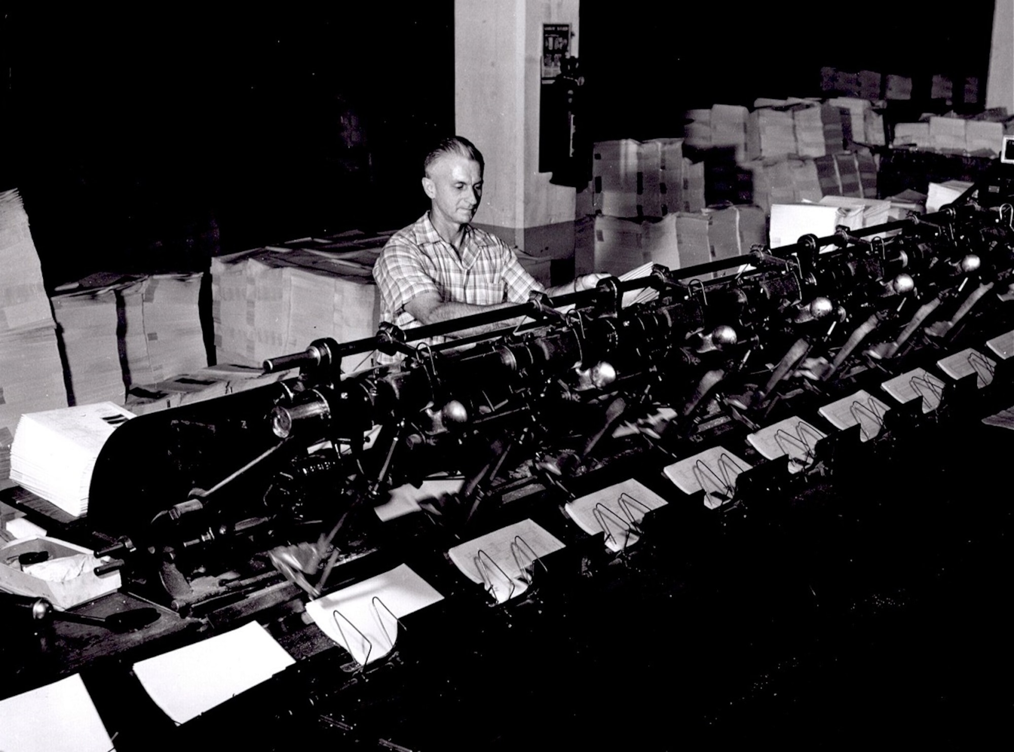 The Macy saddle stitcher seen here was used in the late 1950s and early 1960s for book binding. It collated and stapled booklets through the fold line using wire staples. (courtesy photo)