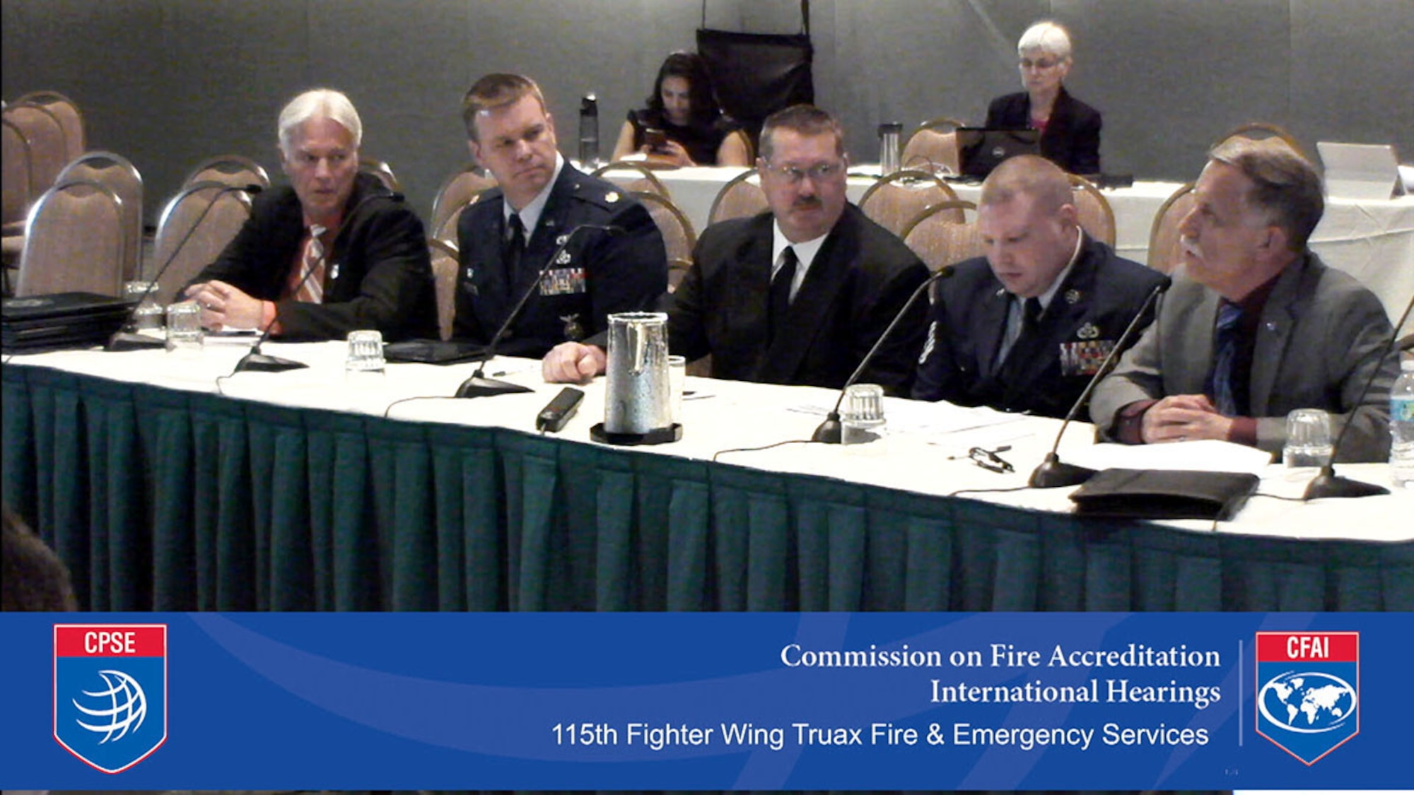 The 115th Fighter Wing Truax Fire and Emergency Services fire department sits in an accreditation hearing in Orlando, Flo., March 16, 2016. The 115 FW Truax Fire and Emergency Services fire department became the first in Dane County and the ninth in the state to be accredited. (Photo courtesy of Master Sgt. Gary Peck)