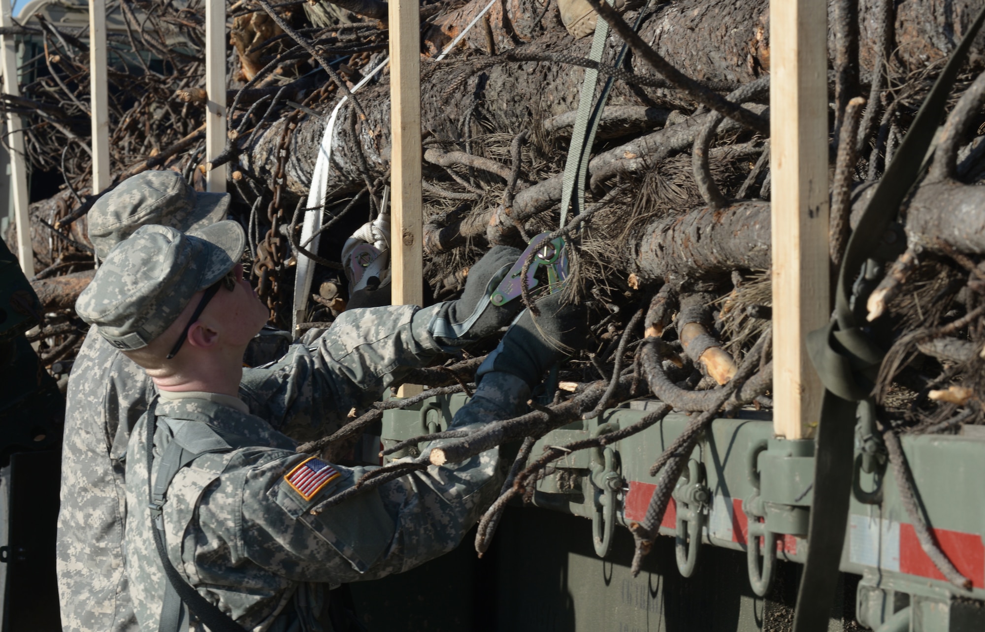 Soldiers with the Ohio National Guard’s 1487th Transportation Company fasten timber onto a transport truck at Ellsworth Air Force Base, S.D., June 17, 2016.  During the Golden Coyote exercise, Soldiers provided firewood to Native American communities for the upcoming winter as part of humanitarian efforts. (U.S. Air Force photo by Airman Donald Knechtel/Released)