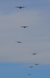 Multiple C-130s Hercules, assigned to the 29th Weapons Squadron, Little Rock Air Force Base, Arkansas, fly in formation over the Nevada Test and Training Range during the Joint Forcible Entry Exercise portion of the United States Air Force Weapons School Advanced Integration, June 16, 2016. U.S. Air Force warfighters joined their Army partners from the 82nd Airborne for in airdrops over the Nevada Test and Training Range June 18, as part of the JFEX. (U.S. Air Force photo by Airman 1st Class Kevin Tanenbaum)