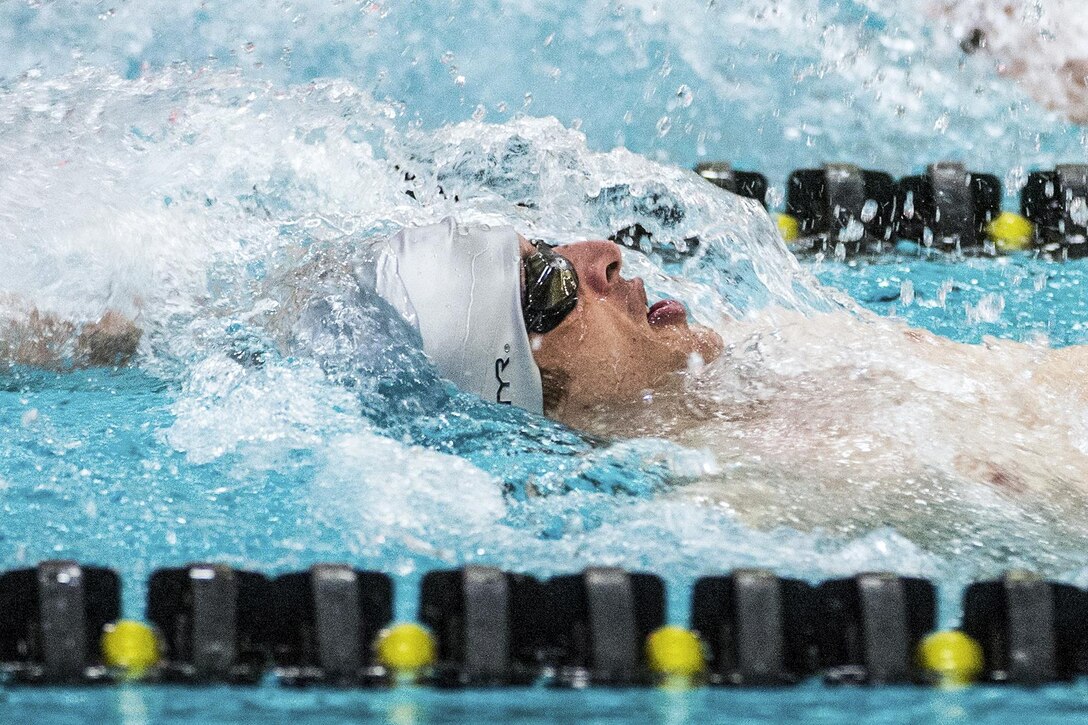 Army veteran Sean Walsh, a member of the U.S. Special Operations Command team, competes in a backstroke event during the 2016 Department of Defense Warrior Games at the U.S. Military Academy in West Point, N.Y., June 20, 2016. DoD photo by EJ Hersom