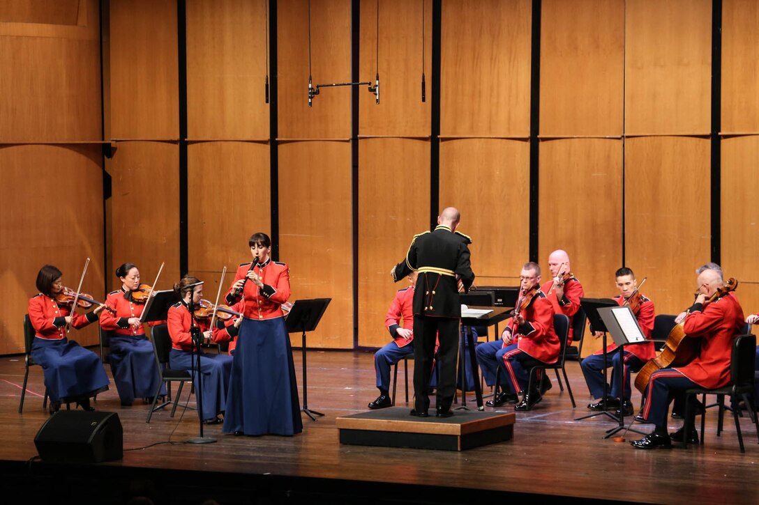 On June 18, 2016, the Marine Chamber Orchestra performed at the Rachel M. Schlesinger Concert Hall and Arts Center in Alexandria, Va. The program included Antonio Vivaldi’s Recorder Concerto in C minor, Opus 44, No. 19, RV 441; Giuseppe Verdi’s Symphony for Strings in E minor [String Quartet in E minor]; Stacy Garrop’s Inner Demons; and George Whitefield Chadwick’s Serenade in F for String Orchestra.  (U.S. Marine Corps photo by Staff Sgt. Rachel Ghadiali/released)