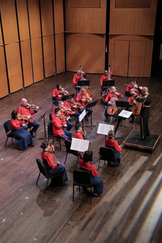 On June 18, 2016, the Marine Chamber Orchestra performed at the Rachel M. Schlesinger Concert Hall and Arts Center in Alexandria, Va. The program included Antonio Vivaldi’s Recorder Concerto in C minor, Opus 44, No. 19, RV 441; Giuseppe Verdi’s Symphony for Strings in E minor [String Quartet in E minor]; Stacy Garrop’s Inner Demons; and George Whitefield Chadwick’s Serenade in F for String Orchestra.  (U.S. Marine Corps photo by Staff Sgt. Rachel Ghadiali/released)