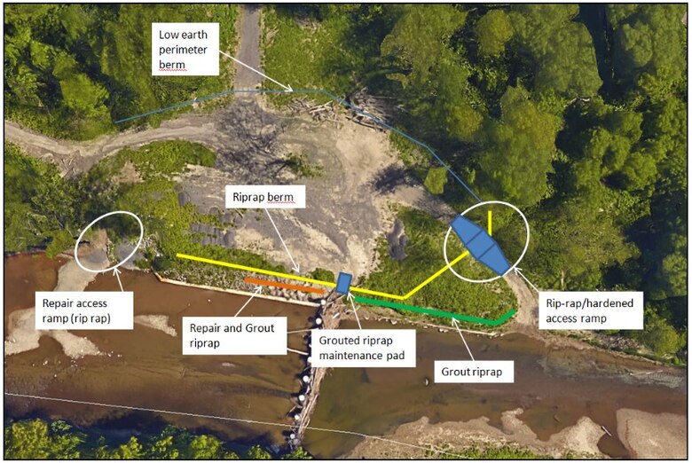 Cazenovia Creek Ice Control Structure: aerial photograph highlighting what work will be accomplished.