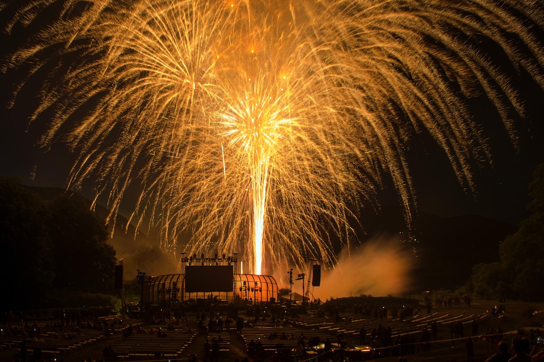 Fireworks light the sky above Trophy Point overlooking the Hudson River during the closing ceremony for the 2016 Department of Defense Warrior Games at the U.S. Military Academy in West Point, N.Y. June 21, 2016. DoD photo by EJ Hersom