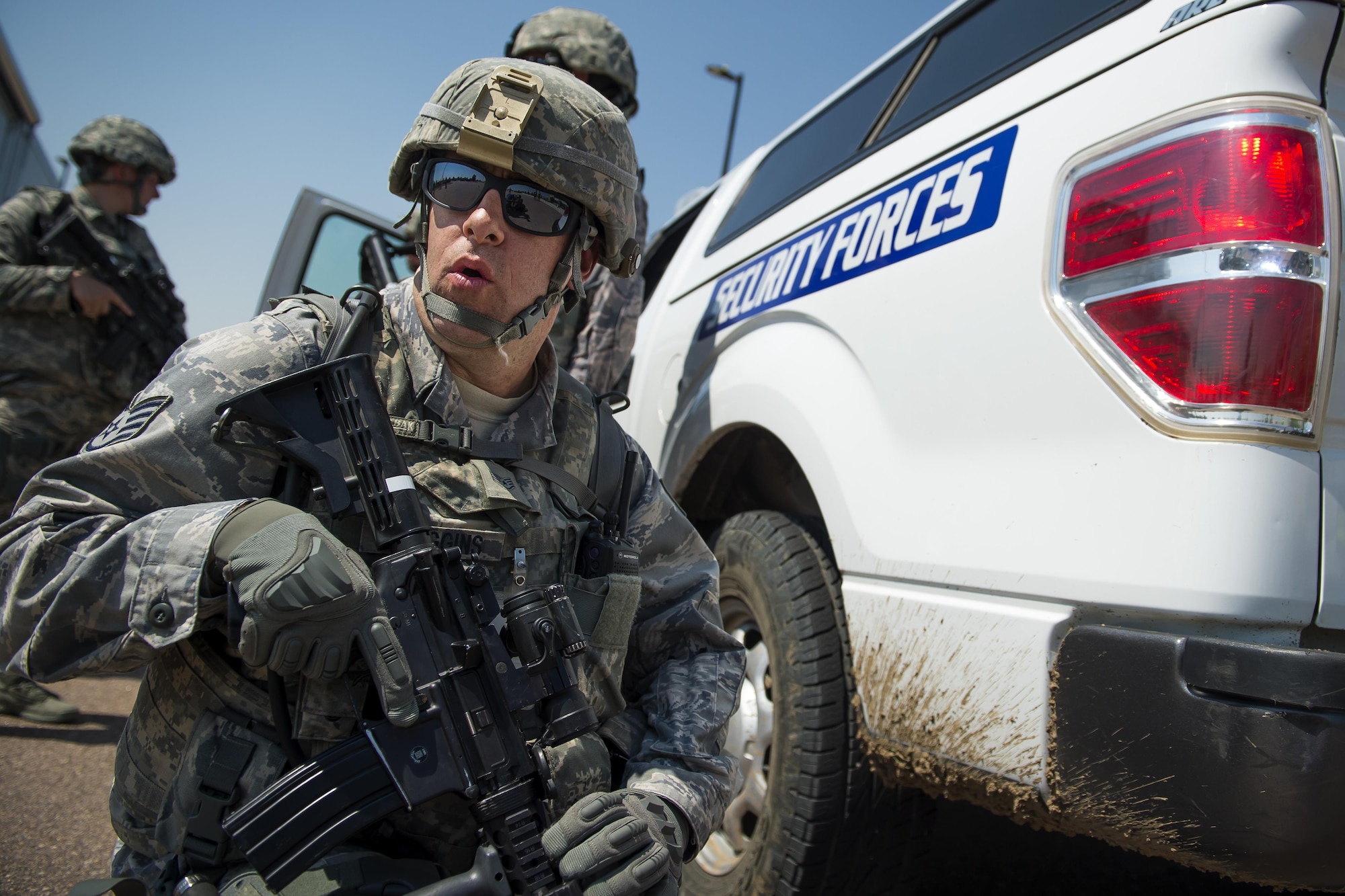 Staff Sgt. Christopher Scoggins, 50th Security Forces Squadron, responds to an active shooter scenario during Opinicus Vista 16-2, a base exercise at Schriever Air Force Base, Colorado, Thursday, June 16, 2016. The 50th Space Wing Inspector General office managed the two-week exercise, which was designed to test the wing's responses to various emergency situations including natural disaster and active shooter. (U.S. Air Force Photo/Dennis Rogers) 