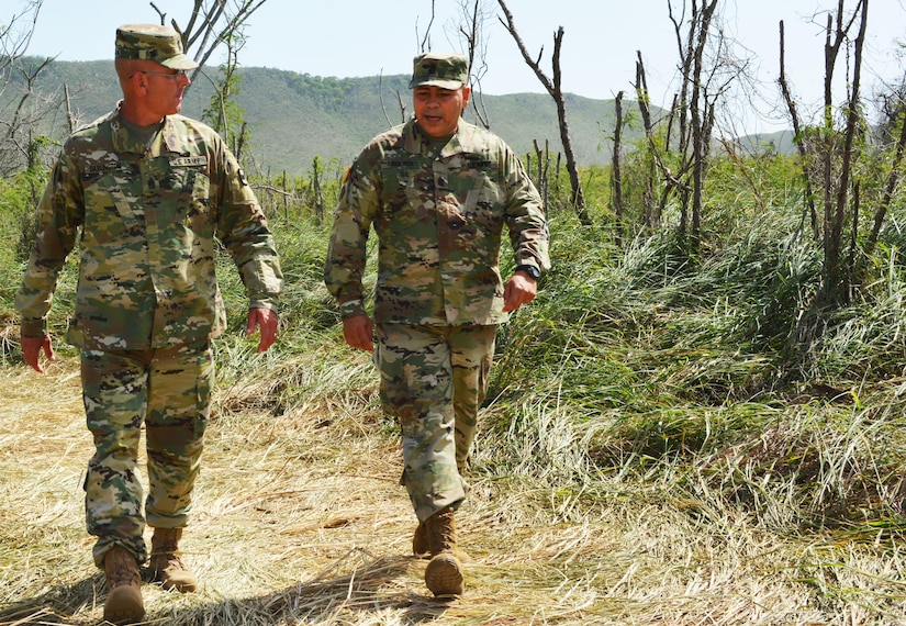 Command Sgt. Maj. Jeffrey Darlington, senior noncommissioned officer 80th Training Command, interacts with his counterpart at 5th Brigade 94th Training Division, in Puerto Rico, March 10, 2016. Darlington visited the unit with Maj. Gen. A.C. Roper, commander 80th Training Command.