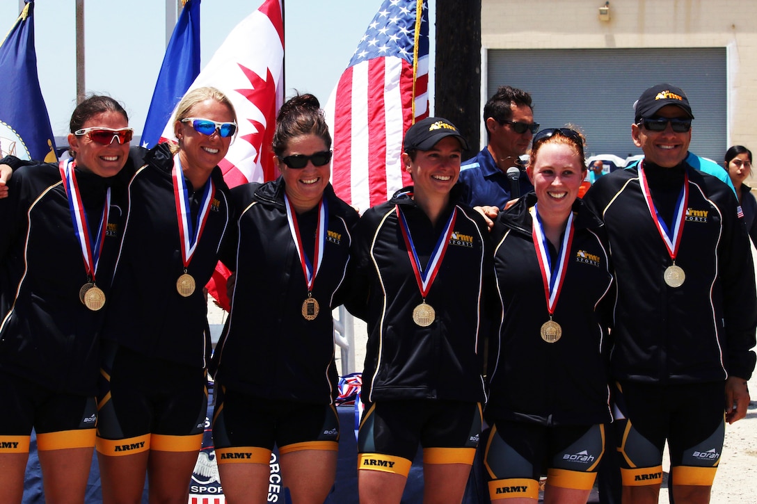 Army Women capture the 2016 Armed Forces Triathlon women's title.  From left to right:  Capt. Samone Franzese (Fort Bragg, N.C.), Capt Alexis Ressler (Burlington, Vt.), 1st Lt. Justine Emge (Columbia, Mo.), Capt Christine Krueger (Fort Jackson, S.C.) and Capt Kathryn Smith (Bethesda, Md.). The 2016 Armed Forces Triathlon Championship was held at Naval Base Ventura County, Calif. on 18 June.  