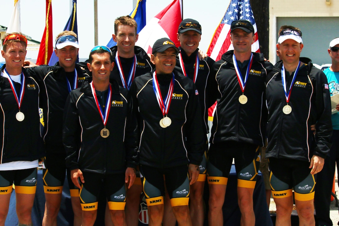 Army captures Armed Forces Triathlon team gold.  From left to right:  Sgt. 1st Class Nathan Dressel (Camp Williams, Utah), Capt Gene Lehardy (Fort Leonard Wood, Mo), Capt Nicholas Sterghos (Yonsan, South Korea), Capt Marcus Farris (Fort Wainwright, Alaska), Lt. Col. Hector Tovar (Kirtland AFB, N.M.), Capt Matthew Schiller (Fort Jackson, S.C.), 1st Lt. Ben Martinelli (Schofield Barracks, Hawaii), and Capt Matthew Holmes (Schofield Barracks, Hawaii). The 2016 Armed Forces Triathlon Championship was held at Naval Base Ventura County, Calif. on 18 June.  