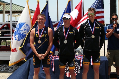 Your 2016 Armed Forces Triathlon Championship Men Medalists from left to right:  Gold medalist Navy Lt. Kyle Hooker; Silver medalist Army Capt. Gene Lehardy of Fort Leonard Wood, Mo; and Bronze medalists Army Capt. Marcus Farris of Fort Wainwright, Alaska. The 2016 Armed Forces Triathlon Championship was held at Naval Base Ventura County, Calif. on 18 June.  