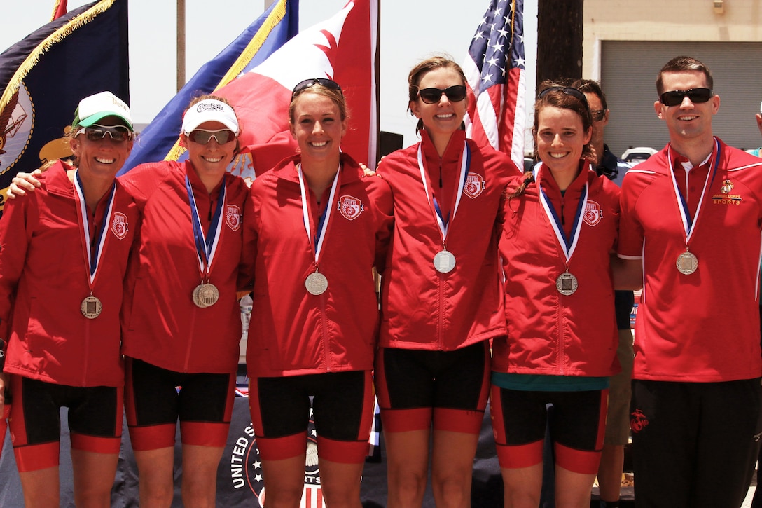 Marine Corps women win the Armed Forces Triathlon team silver.  From left to right:  Capt. Christine Taranto (MCB Quantico), 1st Lt. Mollie Hebda (Camp Pendleton), 1st Lt. Colleen Randolph (Camp Pendleton), 1st Lt. Kellie Darmody (Camp Butler), and 1st Lt. Catherine Nuar (Camp Butler). The 2016 Armed Forces Triathlon Championship was held at Naval Base Ventura County, Calif. on 18 June.  