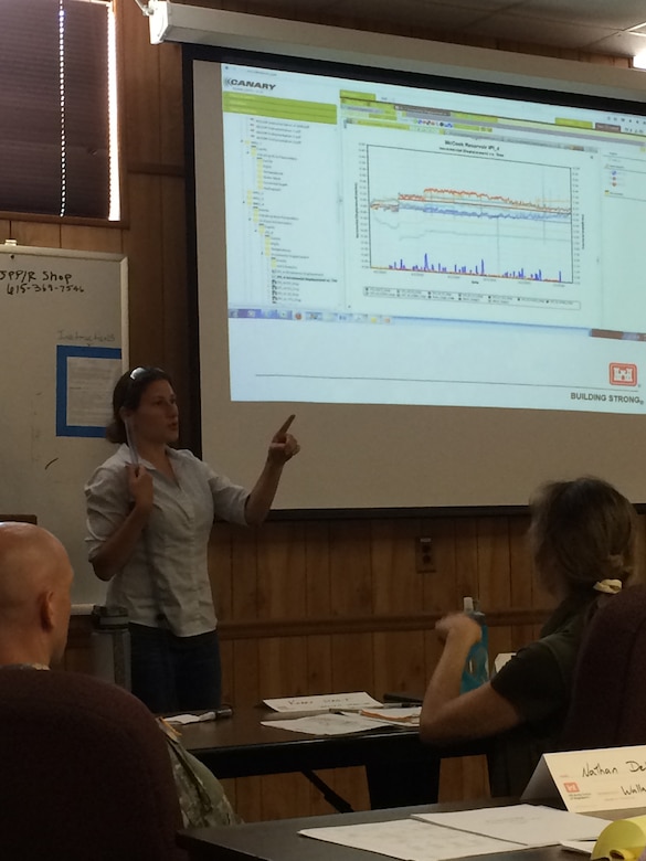 Georgette Hlepas, senior geotechnical engineer with the Dam Safety Modification and Mandatory Center of Expertise in Huntington, West Va., demonstrates instrumentation software during classroom instruction at J. Percy Priest Dam in Nashville, Tenn., June 16, 2016.