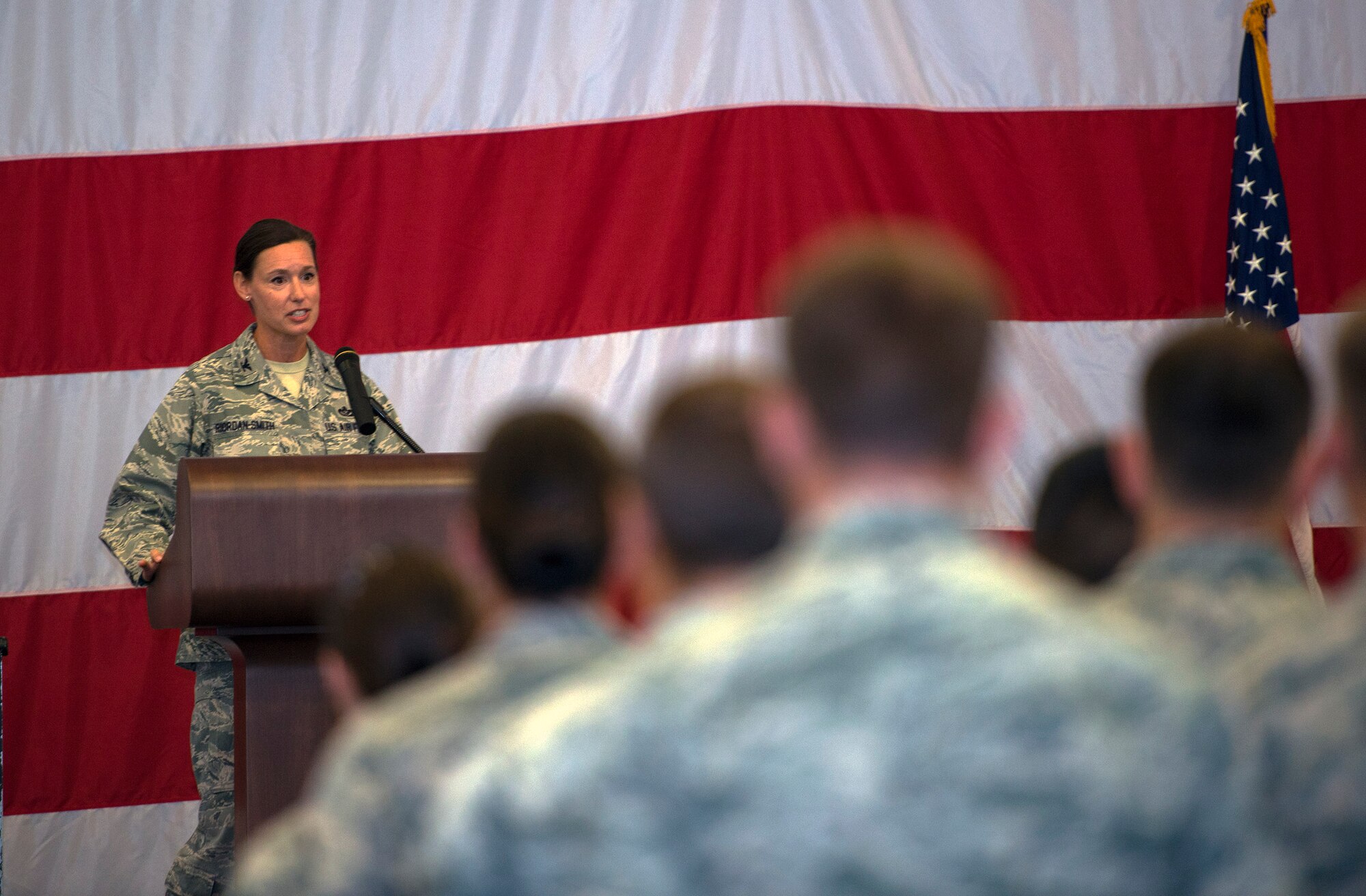 U.S. Air Force Col. Susan Riordan-Smith, 23d Mission Support Group commander, gives remarks during a change of command ceremony, June 21, 2016, at Moody Air Force Base, Ga. Riordan-Smith spoke about the contributions that outgoing 23d MSG commander, Col. Norman Dozier, made during his tenure and embraced the challenges of her new position as commander. (U.S. Air Force photo by Airman 1st Class Greg Nash/Released) 